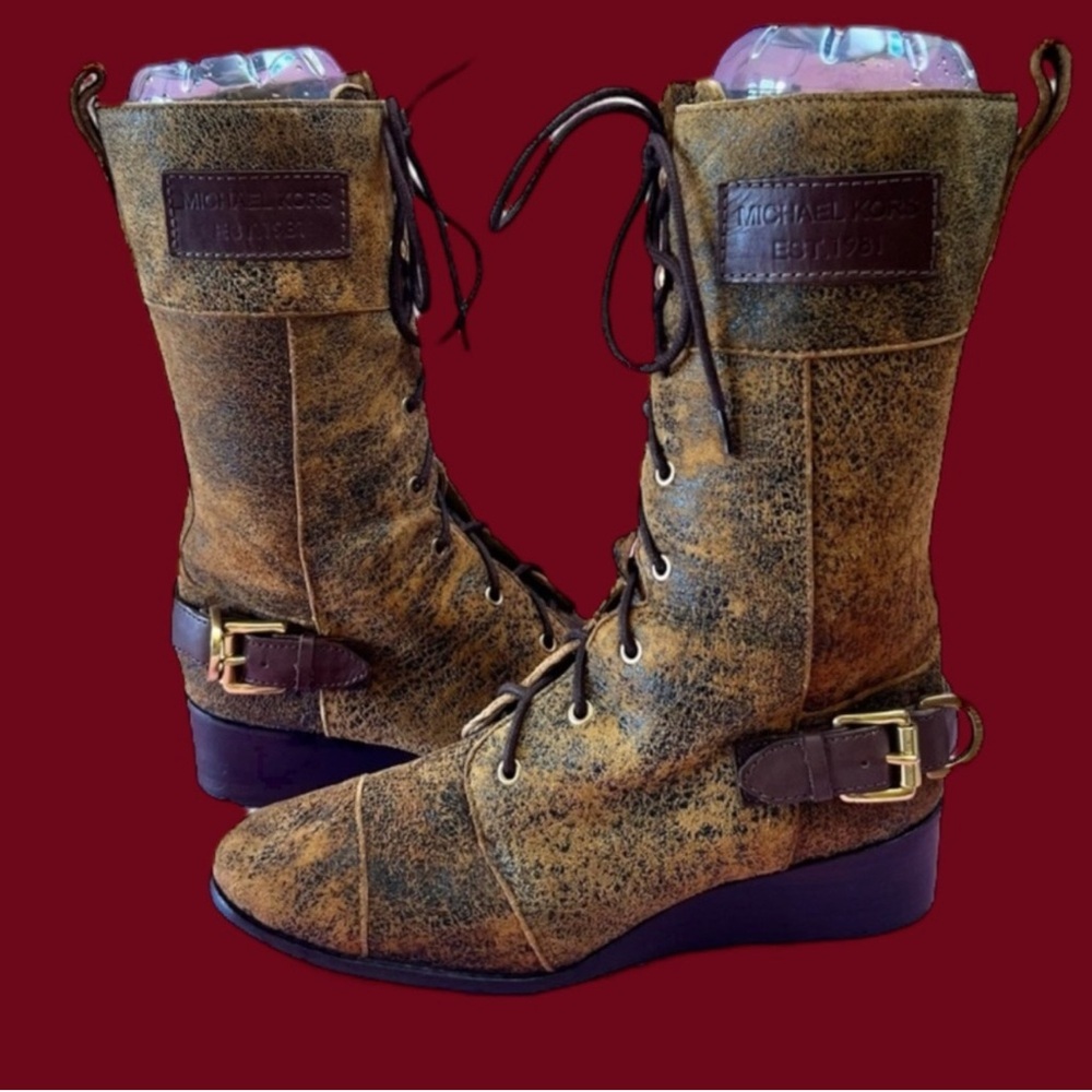 Michael Kors Distressed LeatherTan, Black & Brown Combat Boots - 7.5